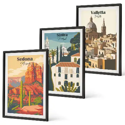 Paveikslų rinkinys Sedona, Sintra ir Valletta trys retro stiliaus vaizdai su rėmais