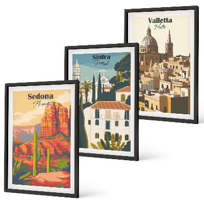 3 paveikslų rinkinys su rėmais Vaizdai Sedona Sintra Valletta retro