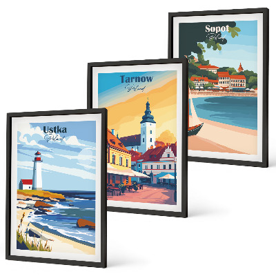 3 paveikslų rinkinys su rėmais Miesto vaizdai Ustka Tarnów Sopot