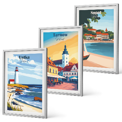 3 paveikslų rinkinys su rėmais Miesto vaizdai Ustka Tarnów Sopot