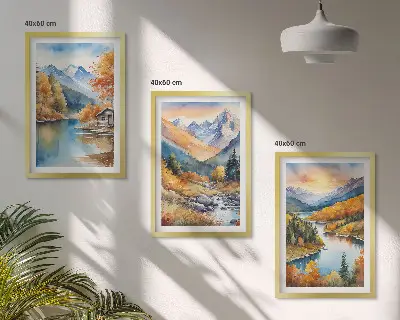 Įrėmintas triptikas kalnų peizažas su upe rudenį