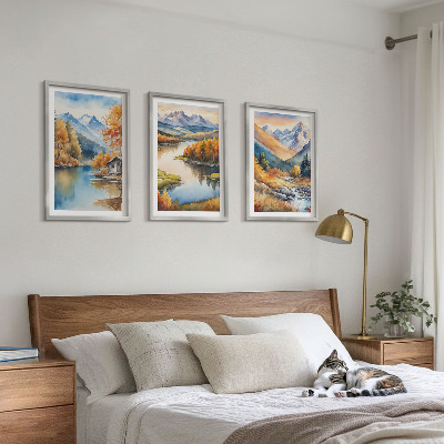3 paveikslų rinkinys su rėmais Kalnų upės rudens medžiai