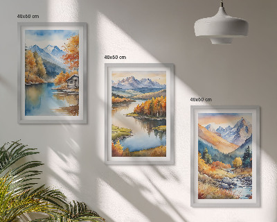 3 paveikslų rinkinys su rėmais Kalnų upės rudens medžiai