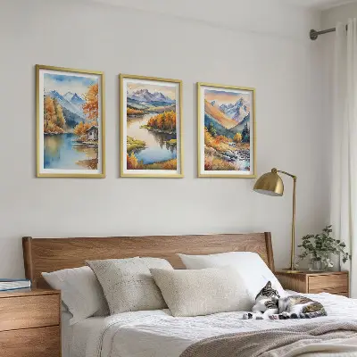 Kalnų upės rudens medžiai 3 paveikslų rinkinys su rėmais