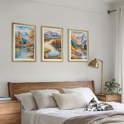 3 paveikslų rinkinys su rėmais Kalnų upės rudens medžiai