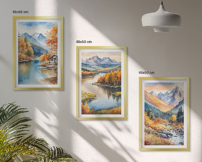 3 paveikslų rinkinys su rėmais Kalnų upės rudens medžiai