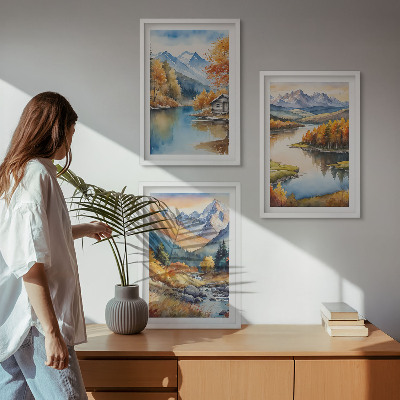 3 paveikslų rinkinys su rėmais Kalnų upės rudens medžiai
