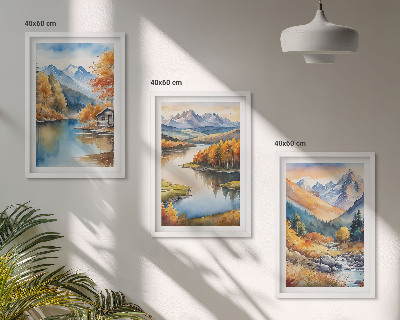 3 paveikslų rinkinys su rėmais Kalnų upės rudens medžiai