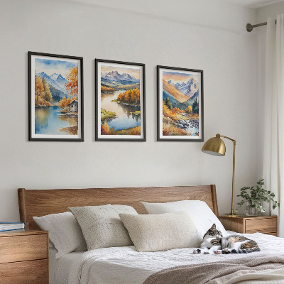 3 paveikslų rinkinys su rėmais Kalnų upės rudens medžiai