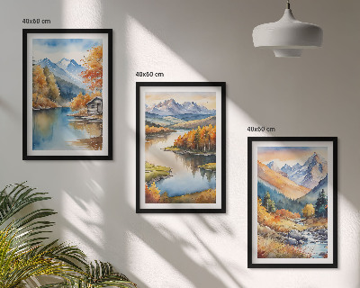 3 paveikslų rinkinys su rėmais Kalnų upės rudens medžiai