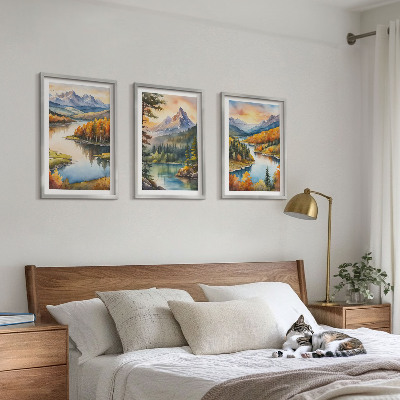 3 paveikslų rinkinys su rėmais Kalnų peizažai su upe