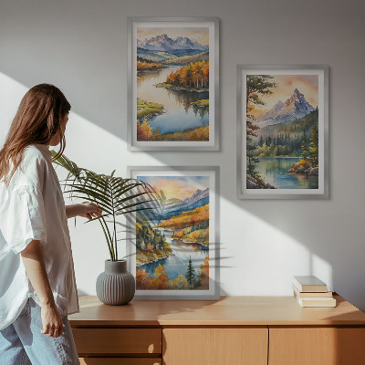 3 paveikslų rinkinys su rėmais Kalnų peizažai su upe