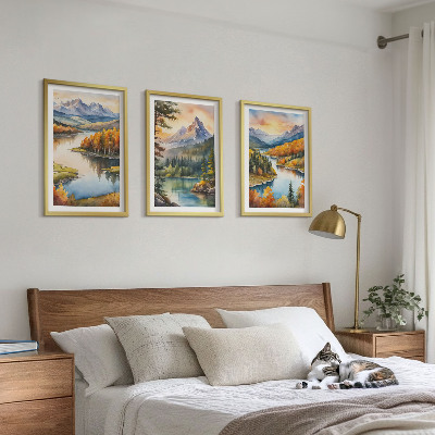 3 paveikslų rinkinys su rėmais Kalnų peizažai su upe