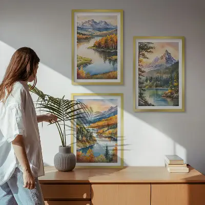 Kalnų peizažai su upe trijų paveikslų rinkinys su rėmais