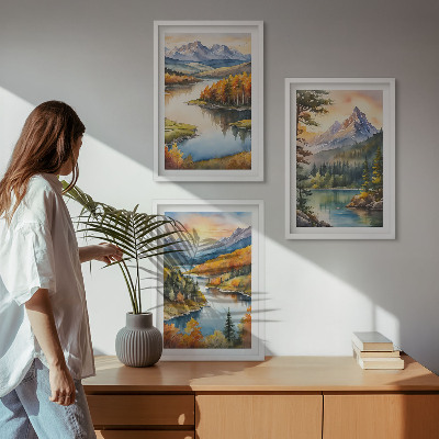 3 paveikslų rinkinys su rėmais Kalnų peizažai su upe