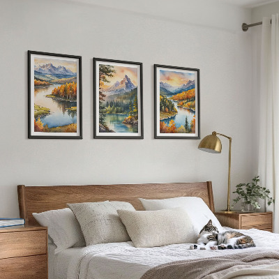 3 paveikslų rinkinys su rėmais Kalnų peizažai su upe
