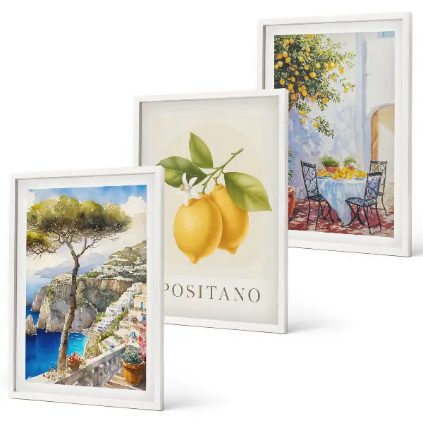 Positano vaizdai su citrinomis trijų paveikslų rinkinys su rėmais