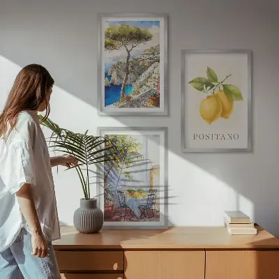 Positano vaizdai su citrinomis trijų paveikslų rinkinys su rėmais