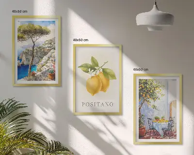 Positano vaizdai su citrinomis trijų paveikslų rinkinys su rėmais