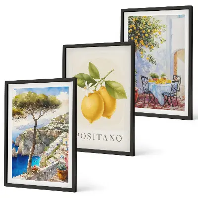 Positano vaizdai su citrinomis trijų paveikslų rinkinys su rėmais