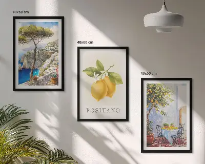 Positano vaizdai su citrinomis trijų paveikslų rinkinys su rėmais