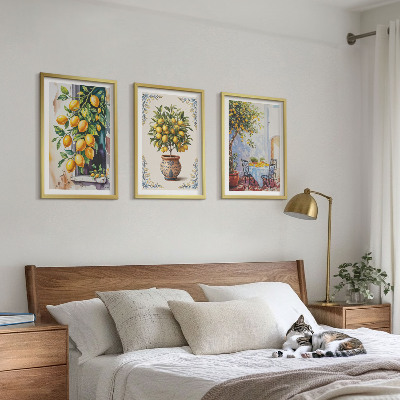 3 paveikslų rinkinys su rėmais Citrinmedžiai vaisius saulėje
