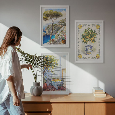 3 paveikslų rinkinys su rėmais Citrinmedžių jūros vaizdas
