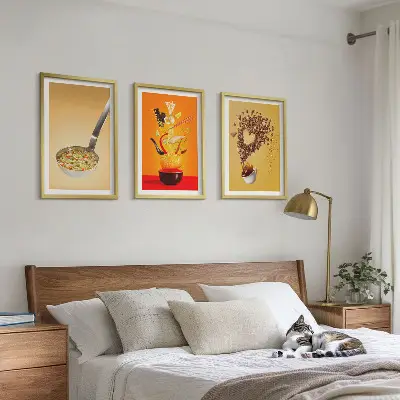 3 paveikslų rinkinys su rėmais virtuvės ir maisto tema