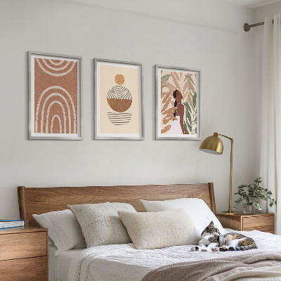 3 paveikslų rinkinys su rėmais Stilingi augalų raštai ir geometrija