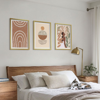 3 paveikslų rinkinys su rėmais Stilingi augalų raštai ir geometrija