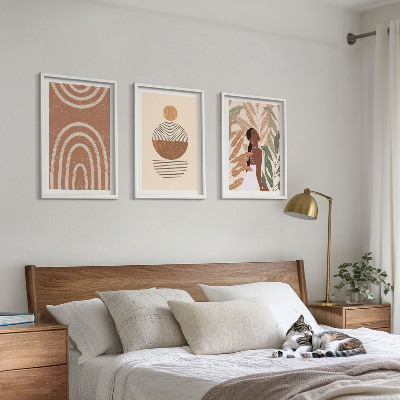 3 paveikslų rinkinys su rėmais Stilingi augalų raštai ir geometrija