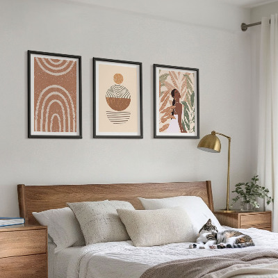 3 paveikslų rinkinys su rėmais Stilingi augalų raštai ir geometrija