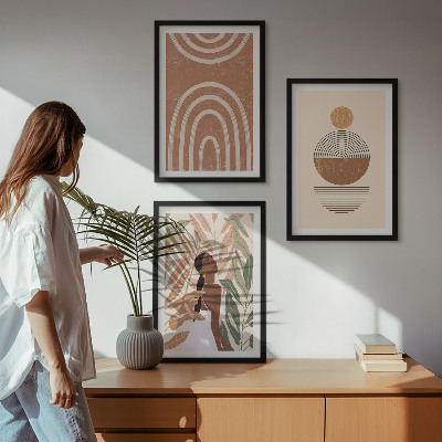 3 paveikslų rinkinys su rėmais Stilingi augalų raštai ir geometrija