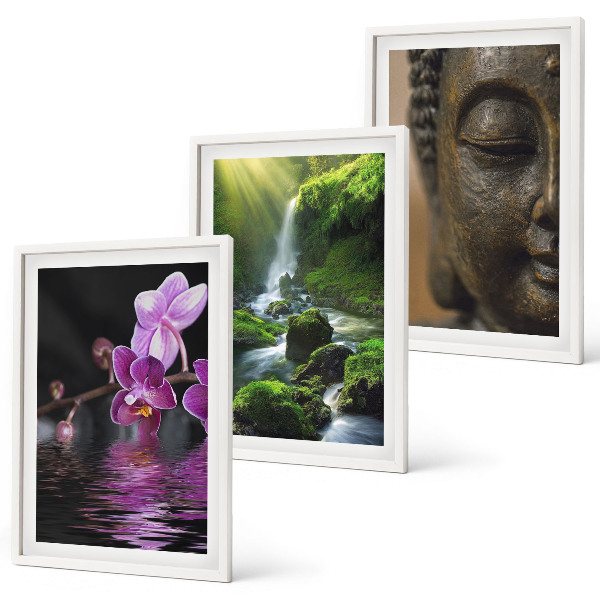 3 paveikslų rinkinys su rėmais Gėlių krioklys Budos uola Zen