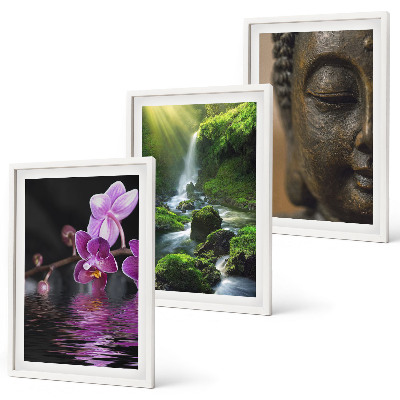 3 paveikslų rinkinys su rėmais Gėlių krioklys Budos uola Zen
