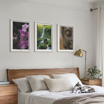 3 paveikslų rinkinys su rėmais Gėlių krioklys Budos uola Zen