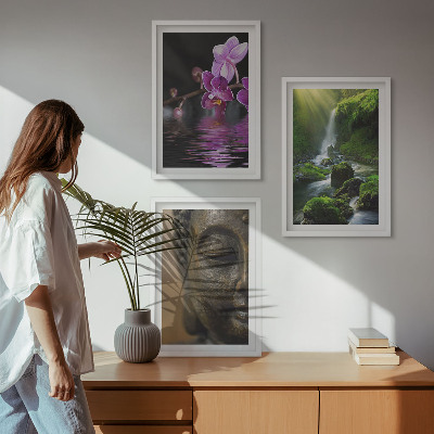3 paveikslų rinkinys su rėmais Gėlių krioklys Budos uola Zen