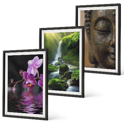 3 paveikslų rinkinys su rėmais Gėlių krioklys Budos uola Zen