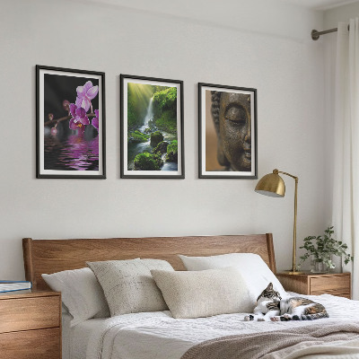 3 paveikslų rinkinys su rėmais Gėlių krioklys Budos uola Zen
