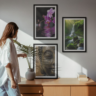 3 paveikslų rinkinys su rėmais Gėlių krioklys Budos uola Zen