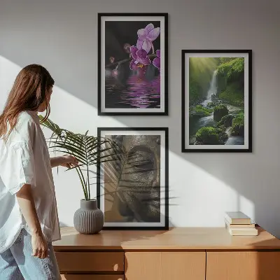 Gėlių krioklys Budos uola Zen trijų paveikslų rinkinys su rėmais