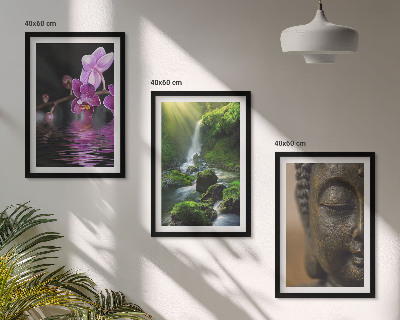 3 paveikslų rinkinys su rėmais Gėlių krioklys Budos uola Zen