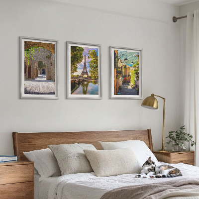 3 paveikslų rinkinys su rėmais Eifelio gatvių architektūra