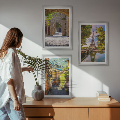 3 paveikslų rinkinys su rėmais Eifelio gatvių architektūra