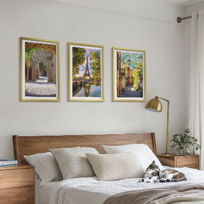3 paveikslų rinkinys su rėmais Eifelio gatvių architektūra