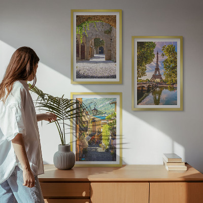 3 paveikslų rinkinys su rėmais Eifelio gatvių architektūra