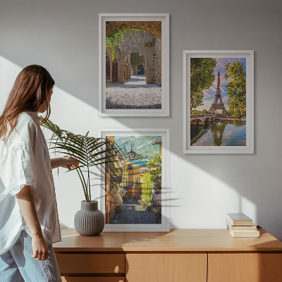 3 paveikslų rinkinys su rėmais Eifelio gatvių architektūra