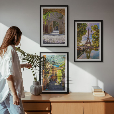 3 paveikslų rinkinys su rėmais Eifelio gatvių architektūra