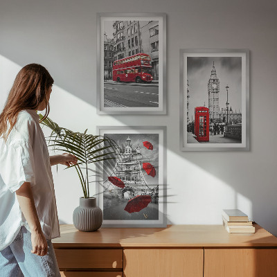 3 paveikslų rinkinys su rėmais Raudoni akcentai Londone