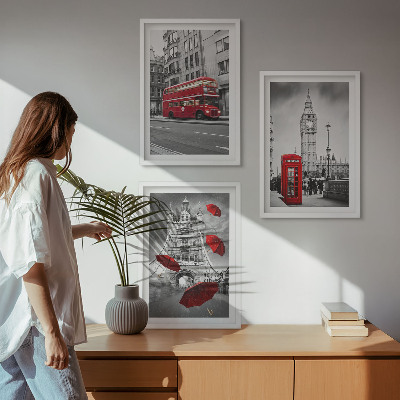 3 paveikslų rinkinys su rėmais Raudoni akcentai Londone
